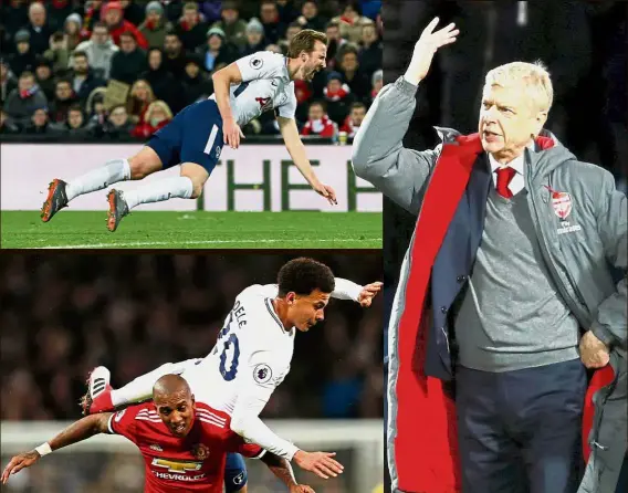  ??  ?? What is this?: Arsenal manager Arsene Wenger (right) has indirectly labelled Tottenham Hotspur’s Harry Kane (top) and Dele Alli divers ahead of the Premier League clash today. — Reuters / AFP