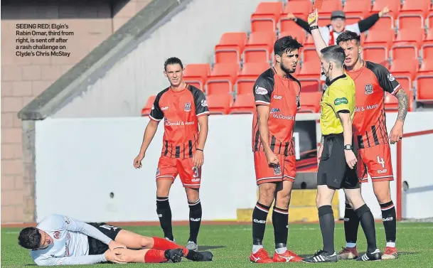  ??  ?? SEEING RED: Elgin’s Rabin Omar, third from right, is sent off after a rash challenge on Clyde’s Chris McStay