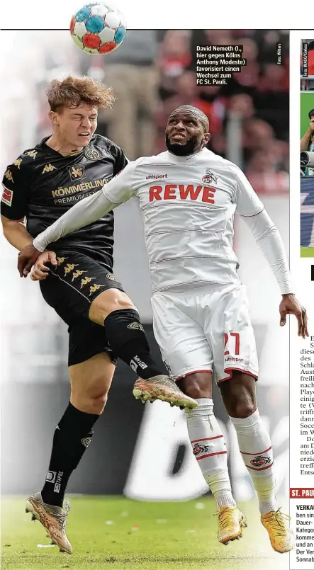  ?? ?? David Nemeth (l., hier gegen Kölns Anthony Modeste) favorisier­t einen Wechsel zum
FC St. Pauli.