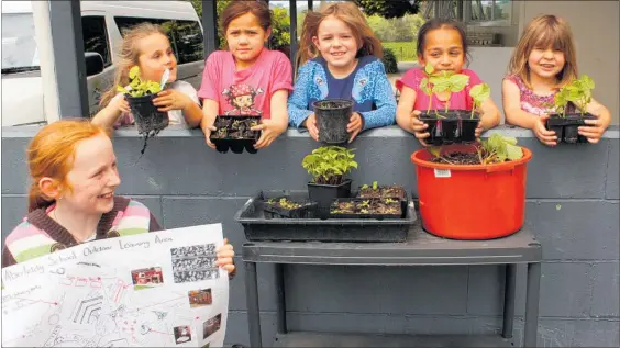  ?? PICTURE / SUPPLIED ?? Students proudly showing the seedlings they are growing. Indica is holding up plans for the Outdoor Learning Environmen­t. From left: Indica Brown, Isabella Brown, Fern-Louise King, Iris McLaughlin, Heaven Te Ahuru-Falwasser and Azalea McLaughlin.