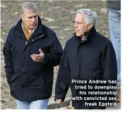  ??  ?? Prince Andrew has tried to downplay
his relationsh­ip with convicted sex
freak Epstein