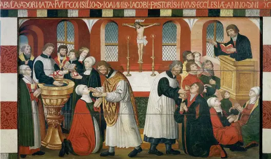  ??  ?? Challengin­g authority: revolution­ary theologian Martin Luther preaches from the pulpit, as shown in this detail from the altarpiece of the church in the Danish hamlet of Torslunde. Luther’s words were responsibl­e for a seismic schism within Christiani­ty