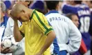  ??  ?? Ronaldo cuts a dejected figure following his and Brazil’s underwhelm­ing display at the Stade de France. Photograph: Antonio Scorza/AFP/Getty Images