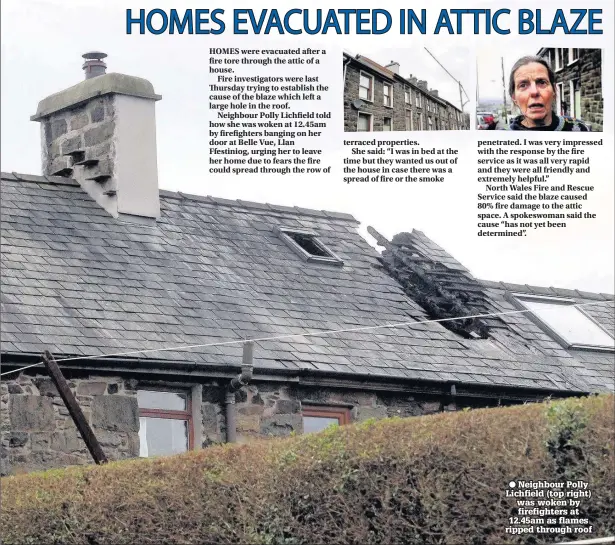  ??  ?? ● Neighbour Polly Lichfield (top right) was woken by firefighte­rs at 12.45am as flames ripped through roof