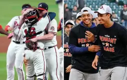  ?? (Reuters) ?? THE ATLANTA BRAVES (left) and the Houston Astros (right) celebrate after both advanced to the Championsh­ip Series of their respective leagues on Tuesday night.