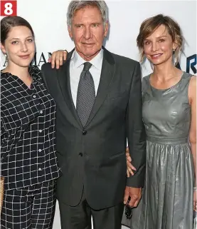  ??  ?? Harrison Ford, 73, poses with daughter Georgia, 26, and wife Calista, 51. Can’t tell the difference? Look where the women’s hands are placed 8