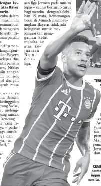  ?? — Gambar AFP — Gambar Reuters ?? TERBAIK: Pemain Bayern meraikan gol kedua pasukan mereka hasil jaringan Suele pada aksi Bundesliga menentang Bayer Leverkusen. CEMERLANG: Tolisso meraikan gol jaringan pada perlawanan itu.