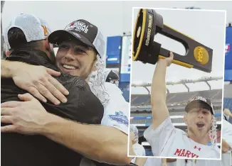  ?? Staffphoto­sbychristo­pherevans ?? TOP TERPS: Connor Kelly hugs Maryland coach John Tillman following yesterday’s victory and holds up the program’s first NCAA trophy since 1975.