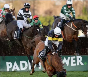  ??  ?? Powersbomb (centre), with Mikey Fogarty up, falls at the last fence during the ‘Bet Through Racing Post App’ Handicap Steeplecha­se during day one of the Leopardsto­wn Christmas Festival on St. Stephen’s Day.