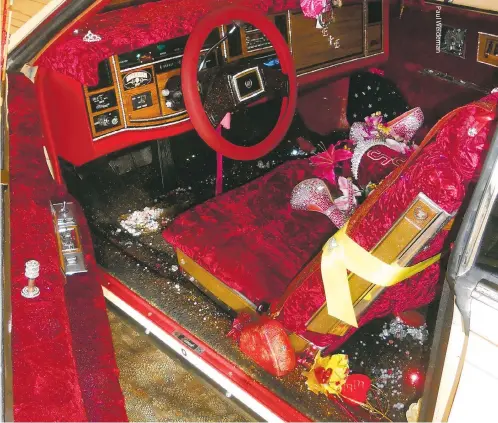  ??  ?? Above, heels, pearls, and glitter were not a front-seat option when the ‘85 Cadillac Eldorado hit the market; left, Lovato in the driver’s seat; opposite page, Lovato with Miss 505 and a miniature vehicle her mother had as a child