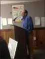  ?? JORDANA JOY — THE MORNING JOURNAL ?? Bramhall Engineerin­g and Surveying Company’s Aaron Appell discusses the North Main Street constructi­on project and addresses concerns at March 4 Amherst City Council meeting.