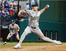  ?? Richard Rodriguez/Getty Images ?? JP Sears held the Rangers hitless into the seventh inning and finished his day with five strikeouts in the A’s 1-0 win over the Texas Rangers.