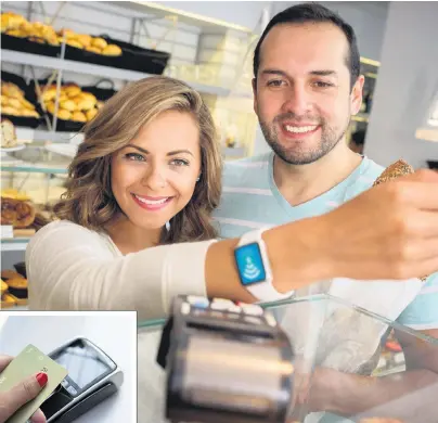  ??  ?? CHECK THIS OUT: Contactles­s payments via smart watches or, left, debit cards are taking over from traditiona­l notes and coins