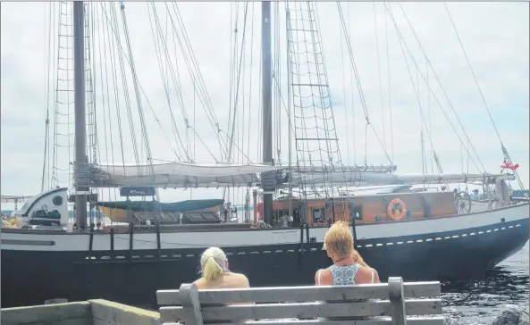  ??  ?? People relax on a bench during the tall ship tour in Shelburne.