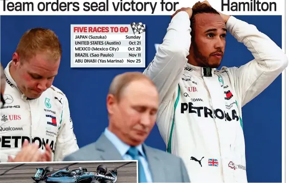  ?? EPA/ GETTY IMAGES ?? Cheer up, Lewis, you won! Hamilton is despondent on the podium alongside Bottas and Vladimir Putin