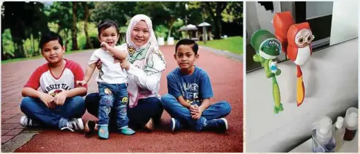  ?? PICTURES CREDIT: ROSEDIANA NORDIN ?? From leFt: Rosediana with her children Muhammad Aiman (left), Adam Muhammad (standing) and Muhammad Alif (right); Cute! — Rosediana uses fancy toothbrush­es such as these to teach her children to brush their teeth.