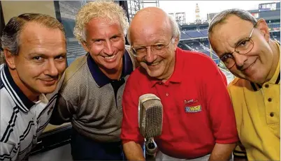  ?? AJC PHOTOS ?? A World Series-quality team of Braves announcers (from left) Joe Simpson, Don Sutton, Pete Van Wieren and Skip Caray would joyfully celebrate bringing a championsh­ip to Atlanta.