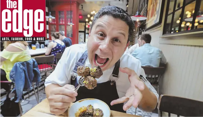  ??  ?? TASTY: Chef Bill Brodsky prepares to nosh on steak teriyaki meatballs at Certified Meatball Company in Southie. Lamb meatballs in a spiced herbed yogurt, opposite page.