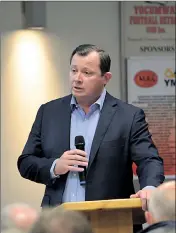  ??  ?? Passionate about the project: CLARA chairman and co-founder Nick Cleary addresses the crowd at the Tocumwal Football Netball Club.