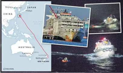  ?? PHOTOS/GRAPHIC: REUTERS ?? Disaster at sea . . . From left: the path of the Gulf Livestock 1 since leaving Napier on August 14; (inset) the ship seen at Fremantle Harbour in November last year; (right and right inset) theJapan Coast Guard rescues a Filipino crew member from the ship in the East China Sea yesterday, to the west of Amami Oshima island.