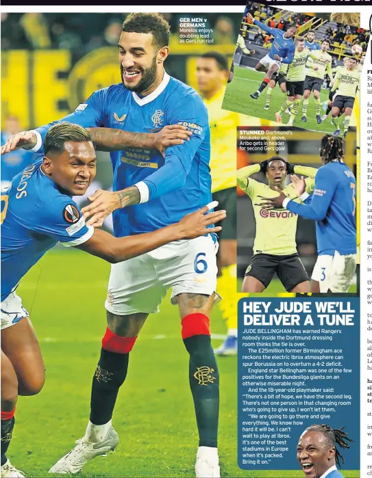  ?? ?? GER MEN v GERMANS Morelos enjoys doubling lead as Gers run riot
STUNNED Dortmund’s Moukoko and, above, Aribo gets in header for second Gers goal