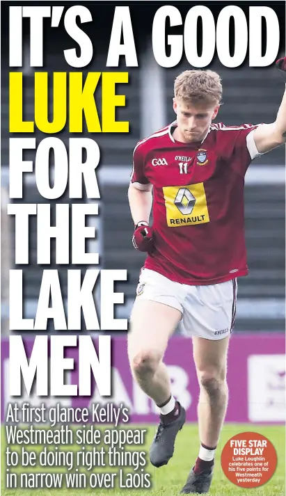  ??  ?? FIVE STAR DISPLAY Luke Loughlin celebrates one of his five points for Westmeath yesterday