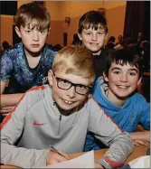  ??  ?? Dan Lane, Ronan Hynes, Liam Cullen and Conor Harnedy from Kanturk participat­ed at the Dromtariff­e Juvenile GAA Table Quiz.