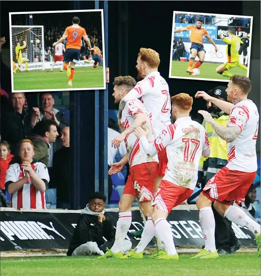  ?? PICTURES: Gareth Owen ?? UPWARDLY MOBILE: Stevenage celebrate Ben Kennedy’s goal as, inset, Ollie Palmer, left, and Isaac Vassell go close for Luton