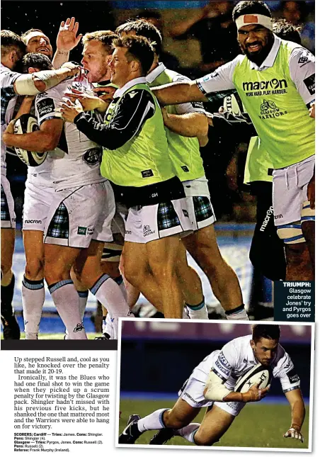  ??  ?? TRIUMPH: Glasgow celebrate Jones’ try and Pyrgos goes over