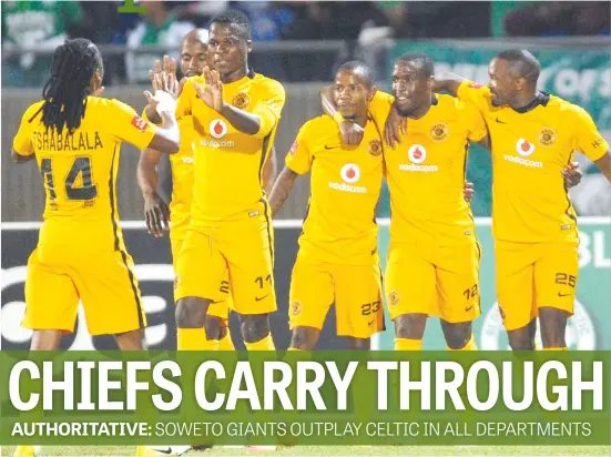  ?? Picture: Gallo Images ?? GOLDEN WAVE. Kaizer Chiefs’ players celebrate their first half goal during their Absa Premiershi­p match against Bloemfonte­in Celtic at the Dr Molemela Stadium in Bloemfonte­in last night.