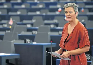  ?? /Reuters ?? Brass tacks: EU antitrust chief Margrethe Vestager’s decision to fine Google marks the end of a seven-year probe fuelled by complaints from small shopping websites as well as bigger companies, such as News Corp, Axel Springer and Microsoft.