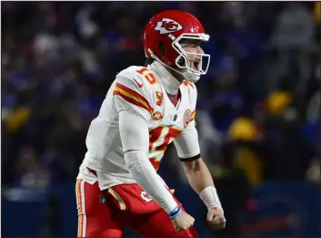  ?? ADRIAN KRAUS — THE ASSOCIATED PRESS ?? Kansas City Chiefs quarterbac­k Patrick Mahomes (15) reacts after beating the Buffalo Bills on Sunday in Orchard Park, N.Y.