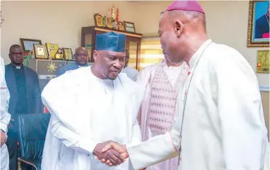  ?? PHOTO: NAN ?? Gov. Ahmadu Fintiri of Adamawa State pays condolence visit to Chairman of CAN, Adamawa, Bishop Dami Mamza over the killing of Rev. Lawan Indimi by Boko Haram at the CAN State Headquarte­rs, Yola on Friday.