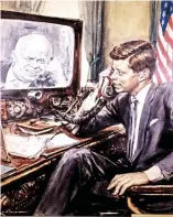  ??  ?? Keeping the peace: President Kennedy on the hotline to Soviet leader Nikita Khrushchev, as imagined by an Italian newspaper