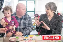  ??  ?? eNglaNd Mrs May’s tour yesterday included, clockwise from top, lunch with farmers outside Belfast, parents and toddlers in Newcastle, Aston Martin’s factory in Barry and a textile maker in Ayr