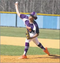  ?? STAFF PHOTO BY AJ MASON ?? McDonough senior pitcher Brant Butler threw a complete-game, four-hit shutout in a 4-0 win over host Huntingtow­n on Monday in a SMAC crossover baseball game. Butler struck out three batters and walked just one batter in the game.