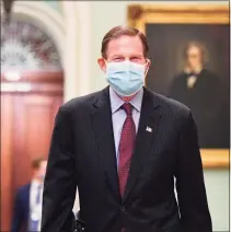  ?? Mandel Ngan / AFP via Getty Images ?? Sen. Richard Blumenthal arrives at the Capitol for the fifth day of the second impeachmen­t trial of former President Donald Trump on Saturday in Washington.