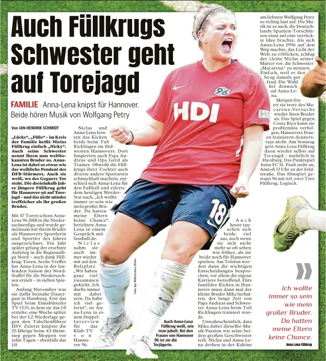  ?? ?? Auch Anna-Lena Füllkrug weiß, wie man jubelt. Bei den Frauen von Hannover 96 ist sie die Torjägerin.