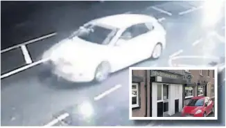  ??  ?? ●●A still from CCTV footage of the car passing the Oxford pub and (inset) Cronkeysha­w Social Club where a man was injured