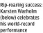  ??  ?? Rip-roaring success: Karsten Warholm (below) celebrates his world-record performanc­e