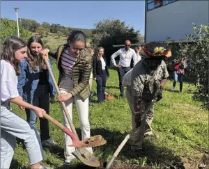  ?? ?? Les collégiens et Mundiya Kepenga ont planté vendredi après-midi un olivier pour sceller leur lien.