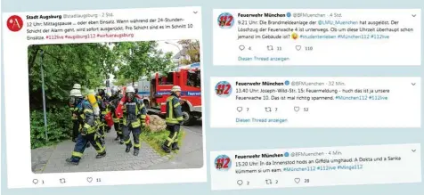  ??  ?? Da die Augsburger Feuerwehr auf Twitter bisher noch nicht präsent war, griff ihnen das Presseteam der Stadt unter die Arme. Die Münchner Kollegen sind dagegen schon seit 2009 dabei, inzwischen folgen ihnen etwa 27 000 Menschen. Am Nachmittag wechselten sie kurzfristi­g in ihren Heimatdial­ekt, so wurde aus einem Drogenabhä­ngigen in einer der Meldungen ein „Giffdla“(unten rechts).