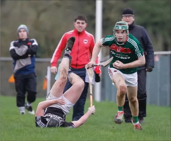  ??  ?? Charlevill­e CBS’ Paul O’Sullivan leaves Rochestown College’s Dylan Murphy trailing behind him during last weekend’s Corn Thomas Mhic Colm Semi-Final in Mourneabbe­y Photo by Eric Barry