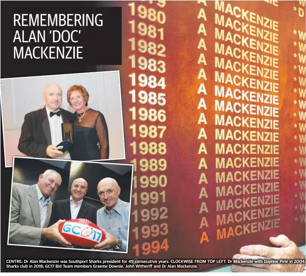  ?? ?? CENTRE: Dr Alan Mackenzie was Southport Sharks president for 49 consecutiv­e years. CLOCKWISE FROM TOP LEFT: Dr Mackenzie with Daphne Pirie in 2004; Sharks club in 2018; GC17 Bid Team members Graeme Downie, John Witheriff and Dr Alan Mackenzie.