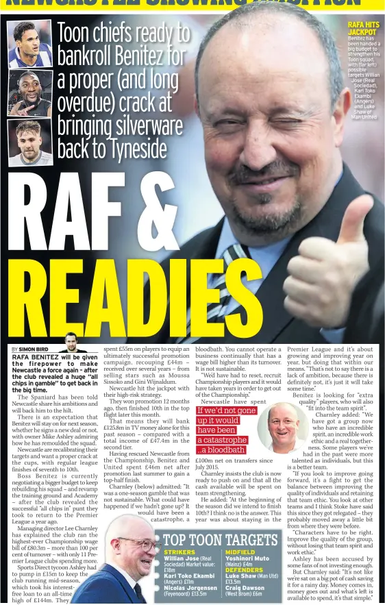  ??  ?? RAFA HITS JACKPOT Benitez has been handed a big budget to strengthen his Toon squad, with (far left) possible targets Willian Jose (Real Sociedad), Karl Toko Ekambi (Angers) and Luke Shaw of Man United