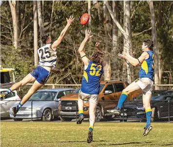  ?? Photograph­s by FEARGHUS BROWNE ?? Neerim South’s Reece Clarke soars to try and stop Ellinbank’s Justin Tylee and Andrew Quirk from taking a mark in the reserves.