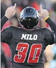  ?? THE CANADIAN PRESS FILES ?? Redblacks’ Chris Milo celebrates a field goal against the Ticats Sunday.