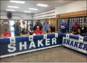  ?? SAM BLUM — SBLUM@DIGITALFIR­STMEDIA.COM ?? Shaker athletes’ college commitment­s were honored at a ceremony Tuesday afternoon. Payton Czupil, Nora Klinowski, Nia Joyner, Mia Ball, Dino Farrarese, Alissa Folts, Elizabeth Morgan and Emma Notarino will each continue their sport at the next level.