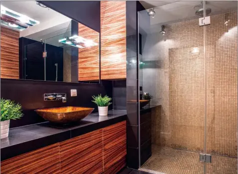  ??  ?? A striking vessel sink and a luxurious shower offer dramatic style to a master bathroom.