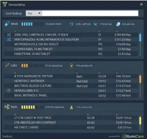  ??  ?? IllumiCare’s Smart Ribbon gives providers cost and risk informatio­n in real time, offering suggestion­s for lowercost alternativ­es.